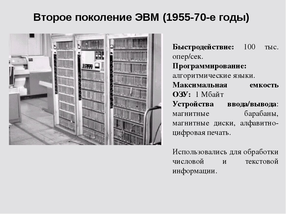 Второе поколение ЭВМ (1955-70-е годы) Быстродействие: 100 тыс. опер/сек. Прог...