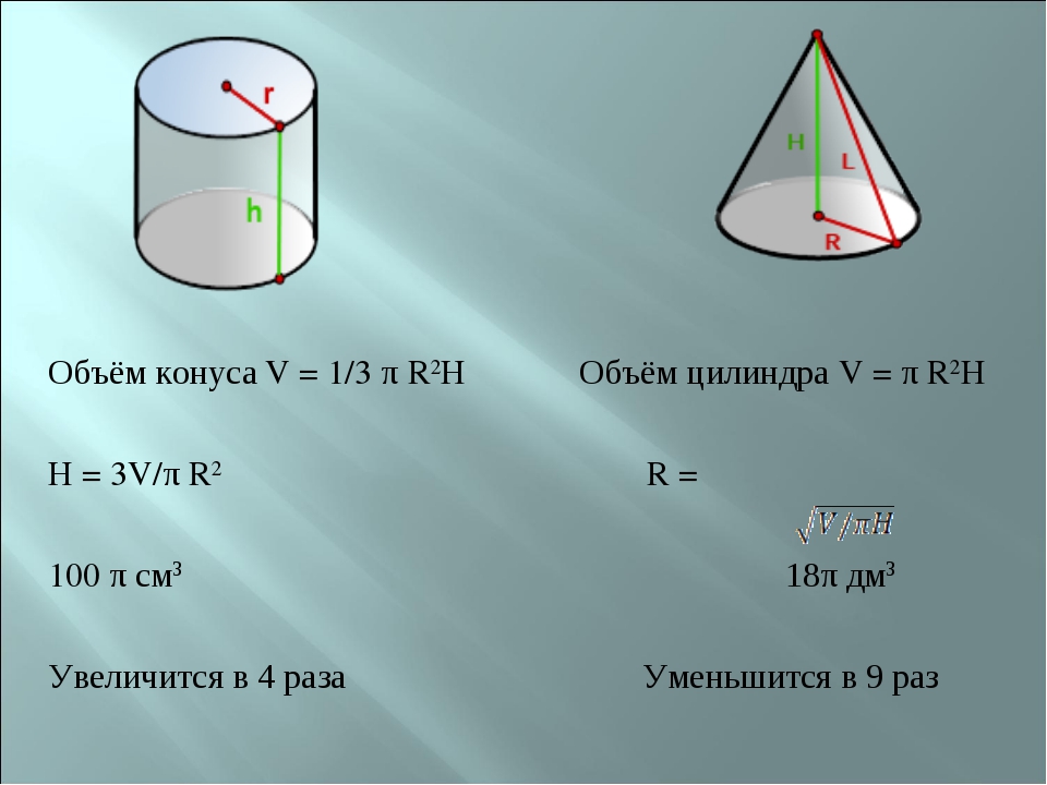 Во сколько раз уменьшится объем конуса. Объем цилиндра и конуса. Объем конуса и объем цилиндра. Объем цилиндрического конуса. Формула объема конуса и цилиндра.