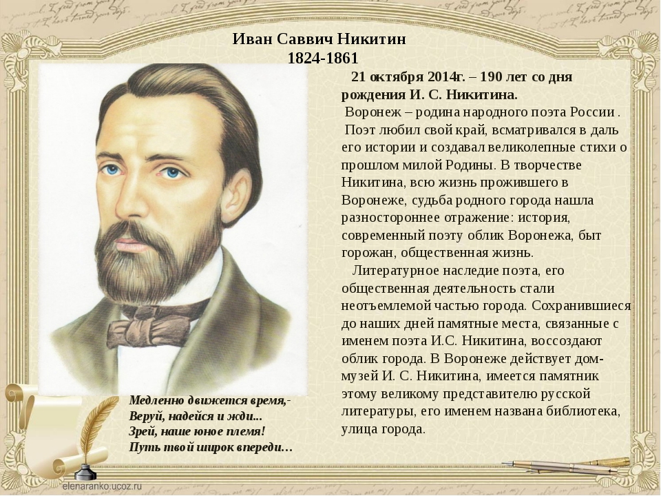 Сообщение о иване никитине. Иван Саввич Никитин (1824-1861). Никитин биография 4 класс. Краткая биография Никитина. Никитин Иван Автор.