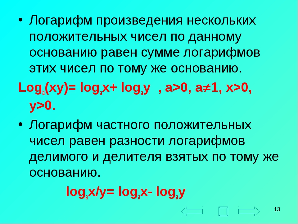 Произведение логарифмов. Логарифм числа. Логарифм произведения и частного.