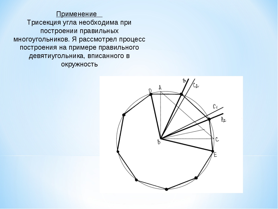 Градусную меру угла правильного девятиугольника. Задача о трисекции угла. Построение девятиугольника. Построение правильного девятиугольника. Углы правильногодевяти.