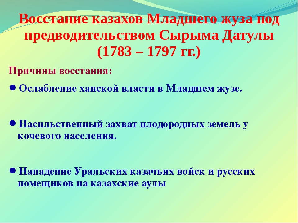 Каковы были причины восстания под предводительством пугачева. Восстание Сырыма Датулы причины итоги. Требования участников Восстания Пугачева.