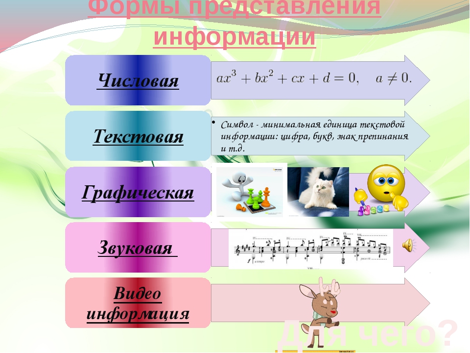 Форма представления информации в виде речи текста изображения цифровых данных графиков таблиц и т п