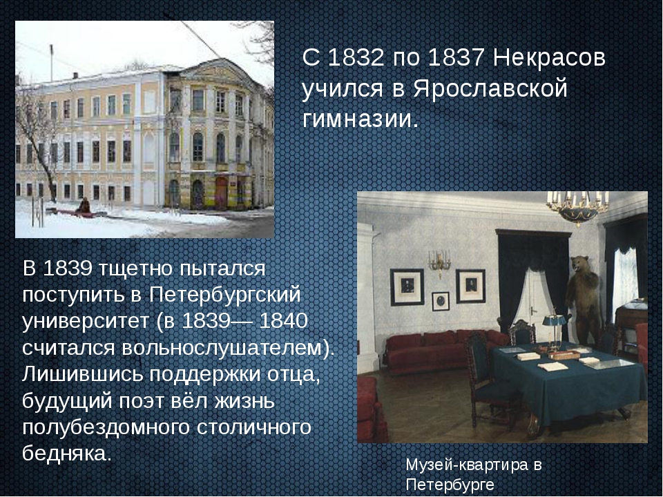 Некрасов учился в. Некрасов Петербургский университет 1838.