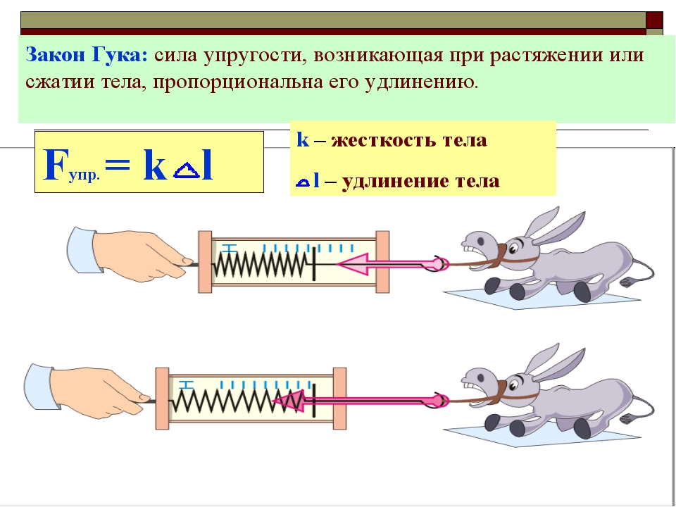 Сила упругости закон гука формула. Сила упругости при сжатии и растяжении. Деформация растяжения – сжатия, закон Гука при растяжении–сжатии. Сила упругости при деформации пружины.